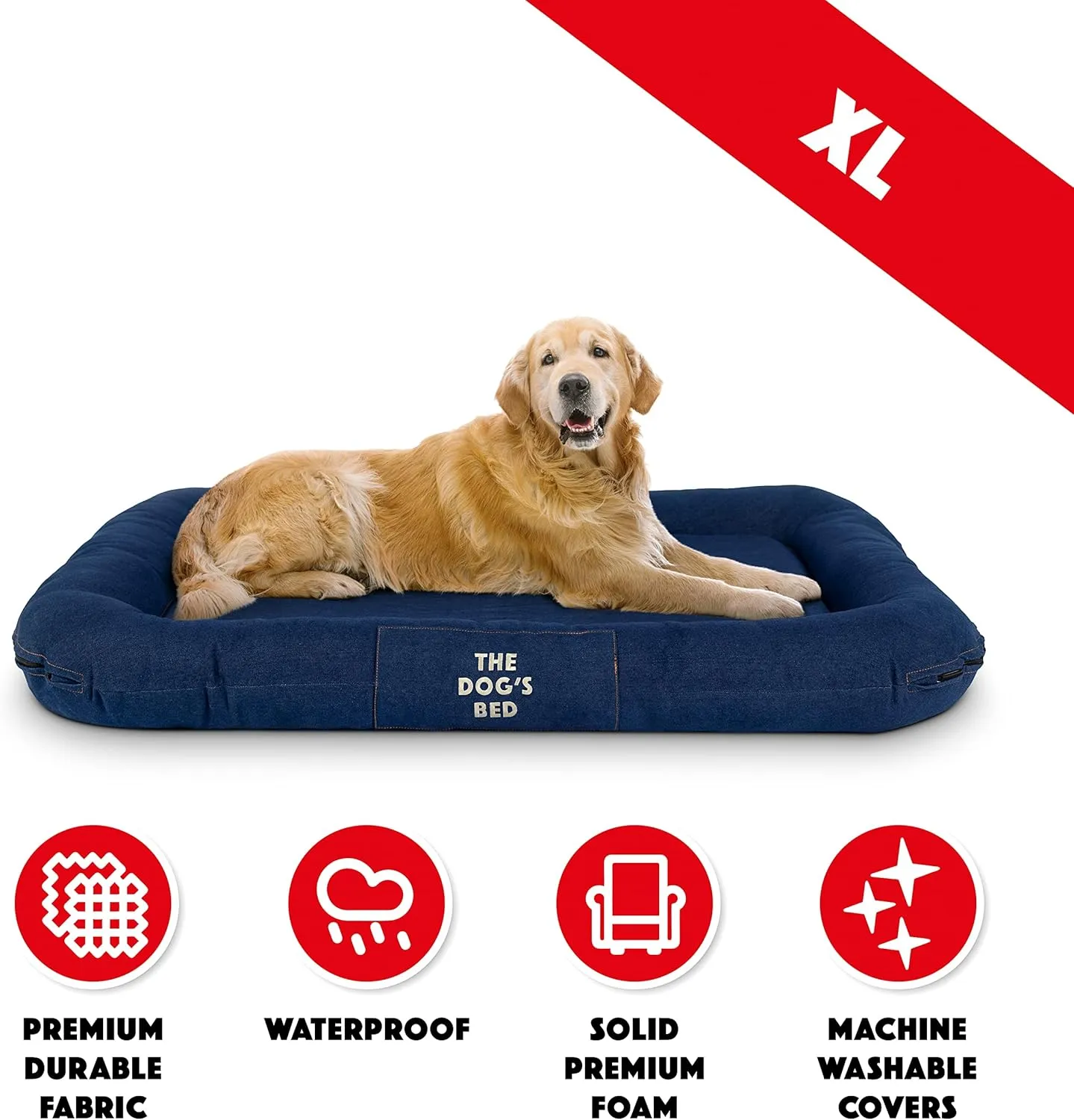 The Dog's Bed Utility Waterproof Dog Beds, XL Durable Blue Denim Fabric, YKK Zippers, Washable Reversible Cover, For Home, Car, Crate & Yard, Puppy & All Pet Comfort