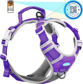ThinkPet No Pull Harness Breathable Sport Harness with QR Code Dog Tag Reflective Dog Harnesses Smart ID Tagwith Handle Adjustable for Medium Large Dogs Back/Front Clip for Easy Control L Purple