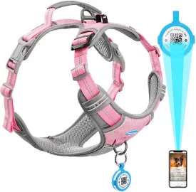 ThinkPet No Pull Harness for Small, Medium, Large Dogs with Airtags Holder Reflective Dog Harnesses with Dog QR Code Smart ID Tag Airtags Holder Harness Back/Front Clip for Easy Control Star Pink L
