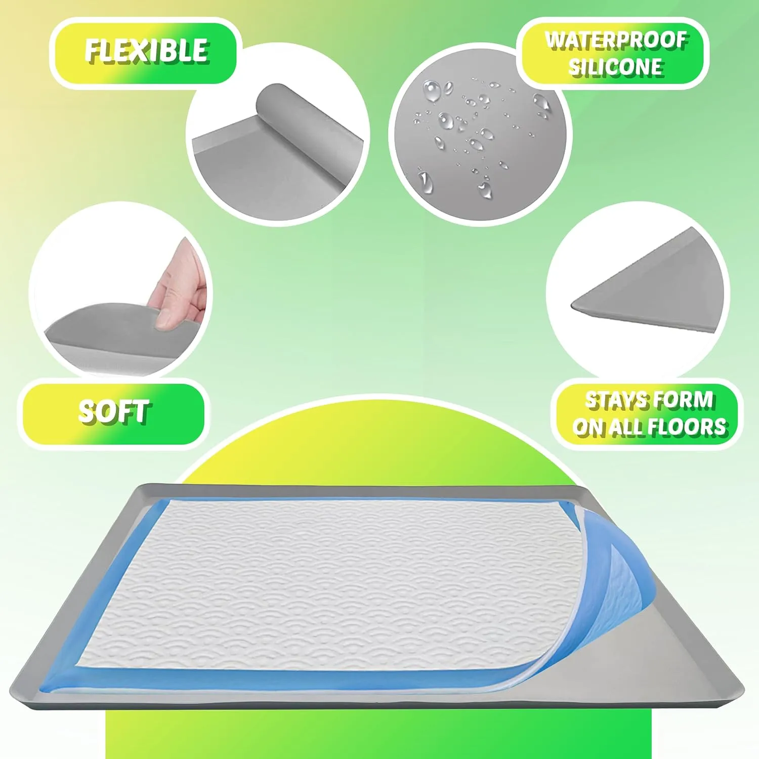 TidyFriend Pee Pad Holder Tray 28 x 30 Inches, Silicone Dog Potty Tray, Easy to Clean No Spill Dog Potty Training Pad Holder (Light Grey)