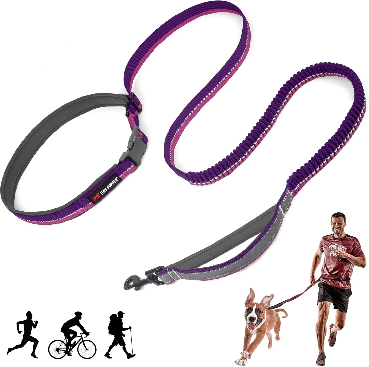 Tuff Pupper Hands Free Bungee Dog Leash | Lightweight for Running Jogging Walking | Adjustable Padded Waist Belt (24-50 inch) | Bungee Stretch 3 to 6 Feet | Strong Ballistic Nylon w/Reflective Strips