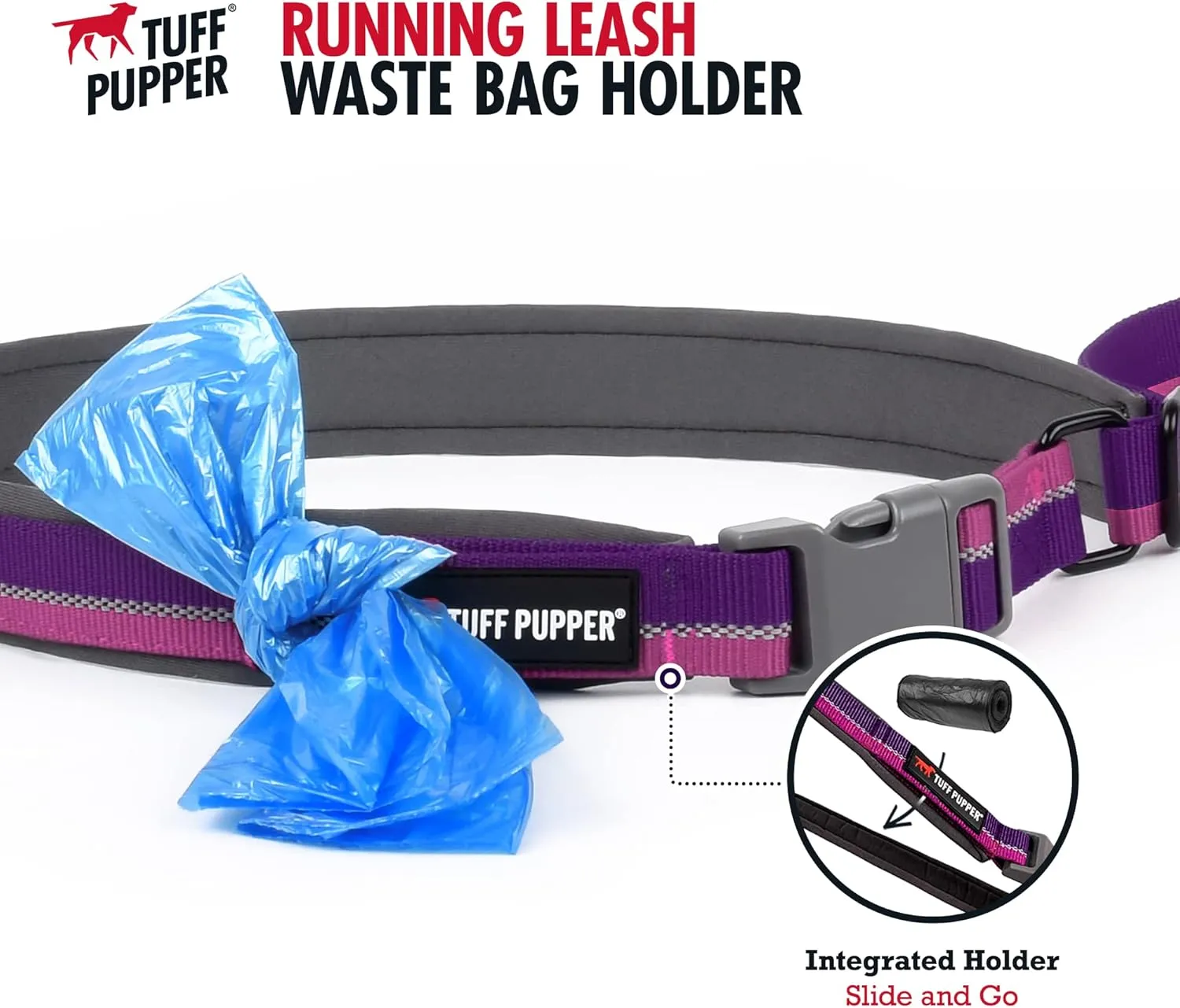 Tuff Pupper Hands Free Bungee Dog Leash | Lightweight for Running Jogging Walking | Adjustable Padded Waist Belt (24-50 inch) | Bungee Stretch 3 to 6 Feet | Strong Ballistic Nylon w/Reflective Strips