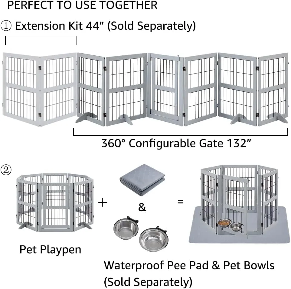 unipaws 132" Extra Wide Dog Gate and Pet Playpen, Free Standing Tall Dog Fence with Walk Through Door, Dog Barriers for Home, Use as Indoor Dogs Cats Pen, Rabbit Pen, Grey