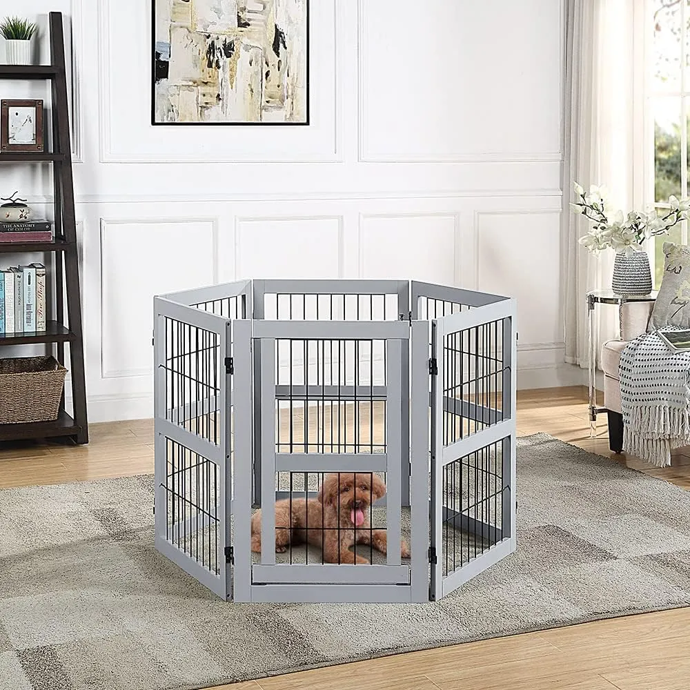 unipaws 132" Extra Wide Dog Gate and Pet Playpen, Free Standing Tall Dog Fence with Walk Through Door, Dog Barriers for Home, Use as Indoor Dogs Cats Pen, Rabbit Pen, Grey
