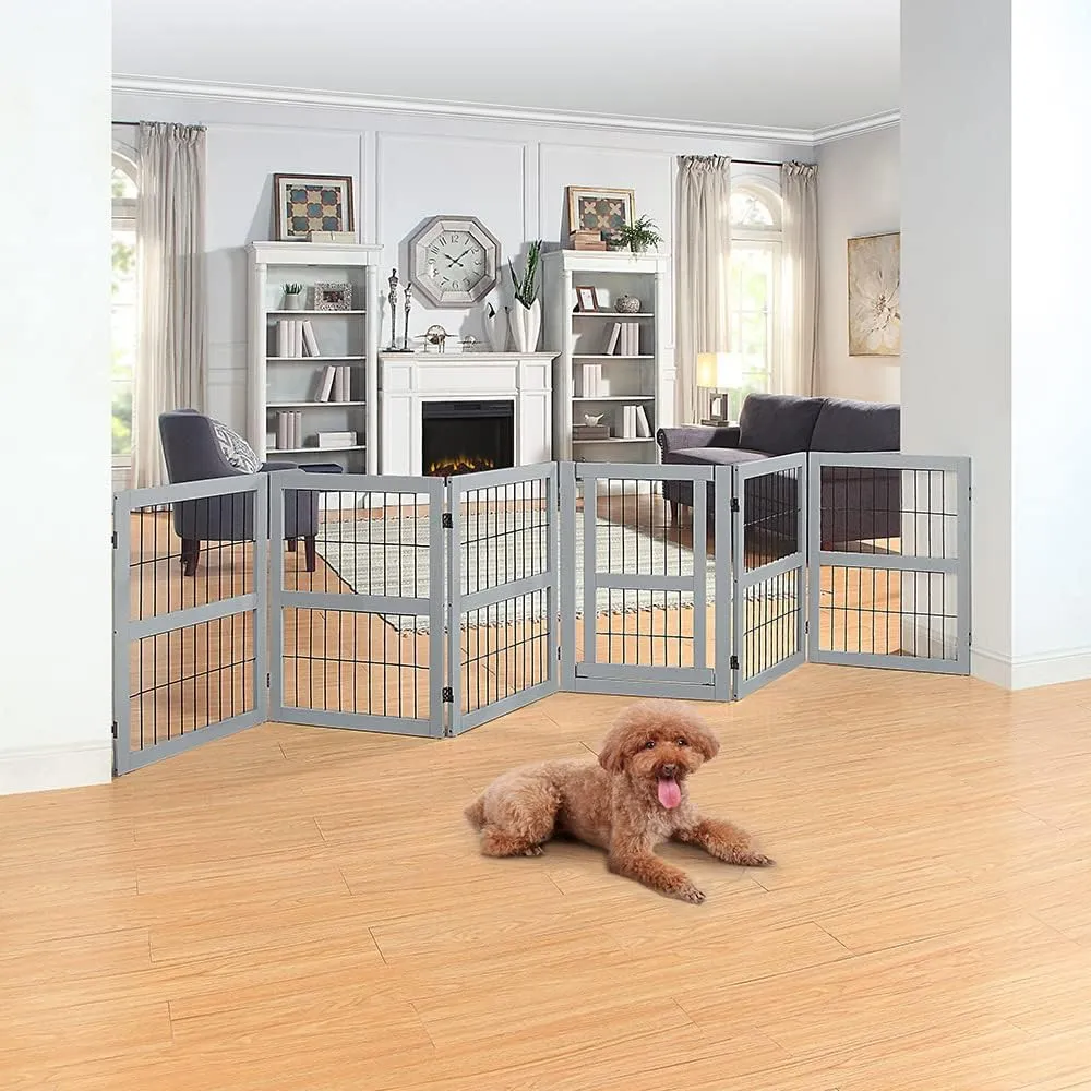 unipaws 132" Extra Wide Dog Gate and Pet Playpen, Free Standing Tall Dog Fence with Walk Through Door, Dog Barriers for Home, Use as Indoor Dogs Cats Pen, Rabbit Pen, Grey