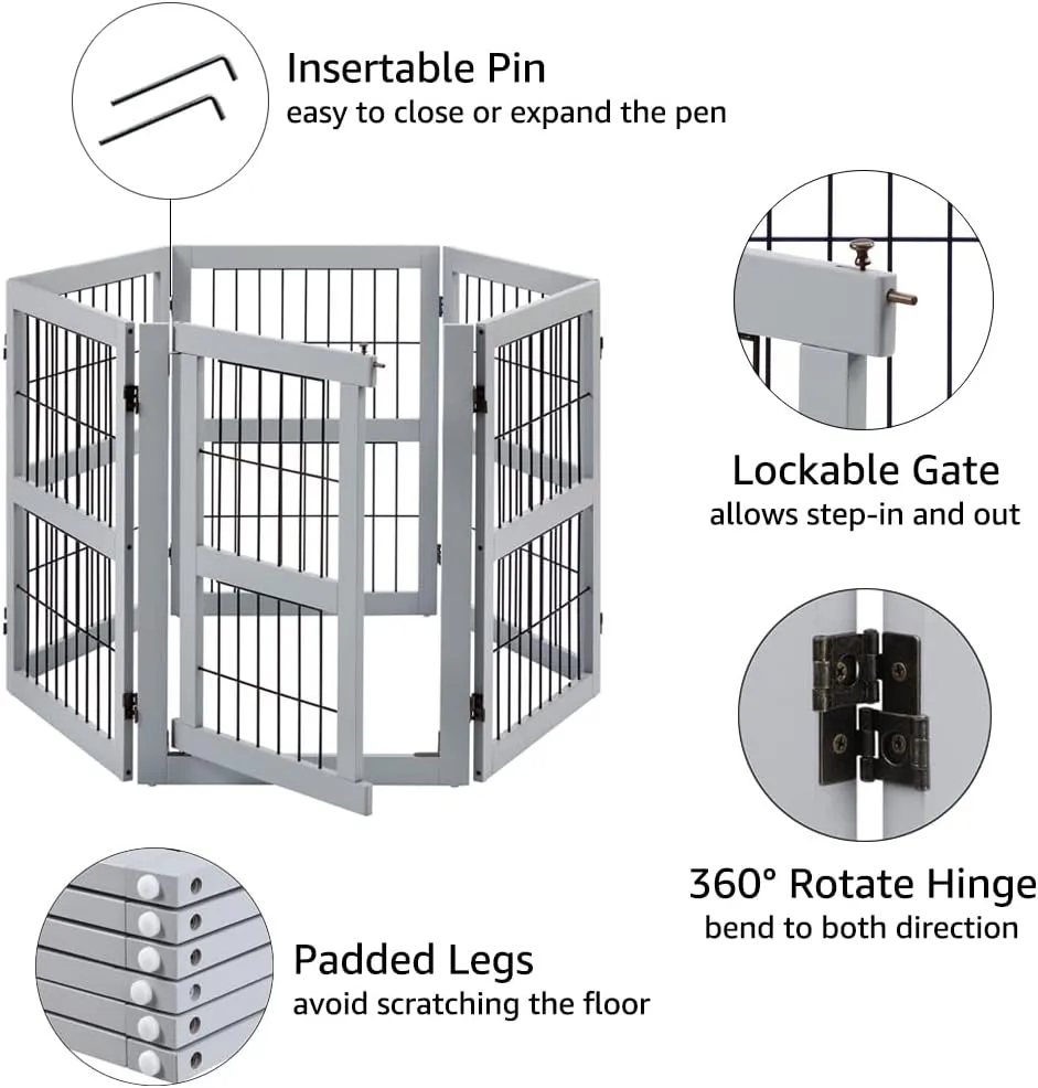 unipaws 132" Extra Wide Dog Gate and Pet Playpen, Free Standing Tall Dog Fence with Walk Through Door, Dog Barriers for Home, Use as Indoor Dogs Cats Pen, Rabbit Pen, Grey