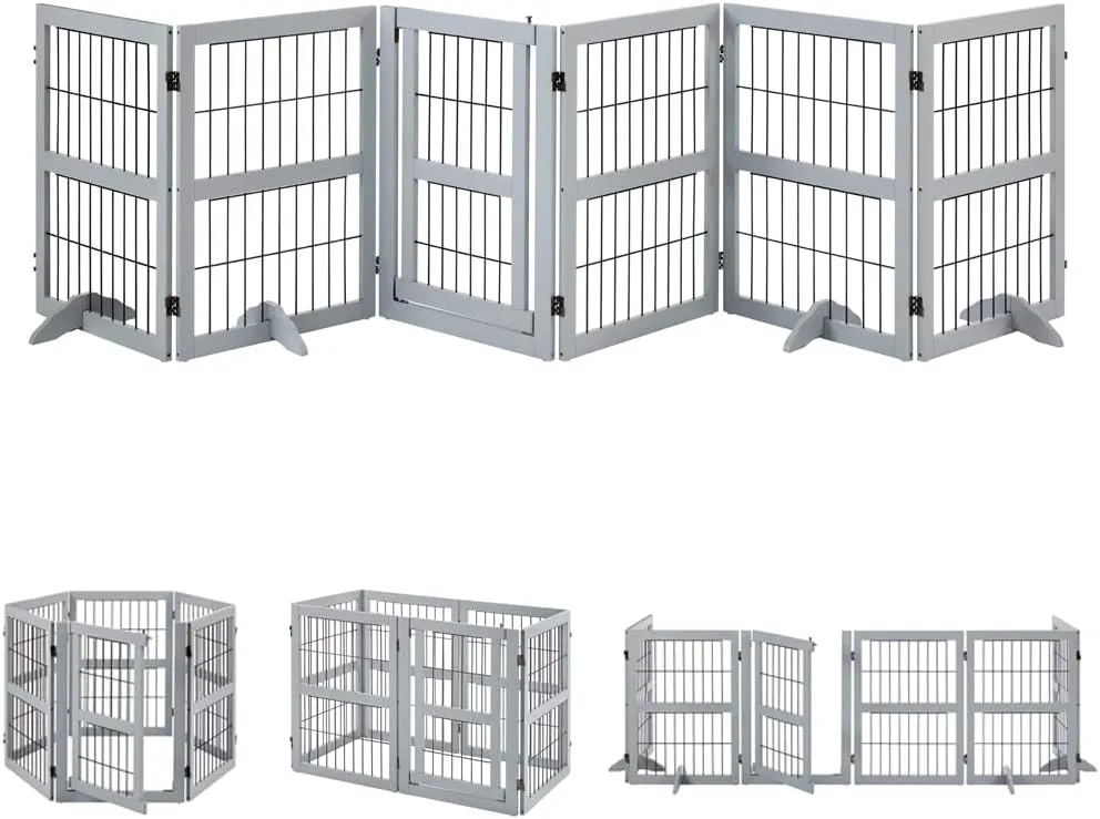 unipaws 132" Extra Wide Dog Gate and Pet Playpen, Free Standing Tall Dog Fence with Walk Through Door, Dog Barriers for Home, Use as Indoor Dogs Cats Pen, Rabbit Pen, Grey