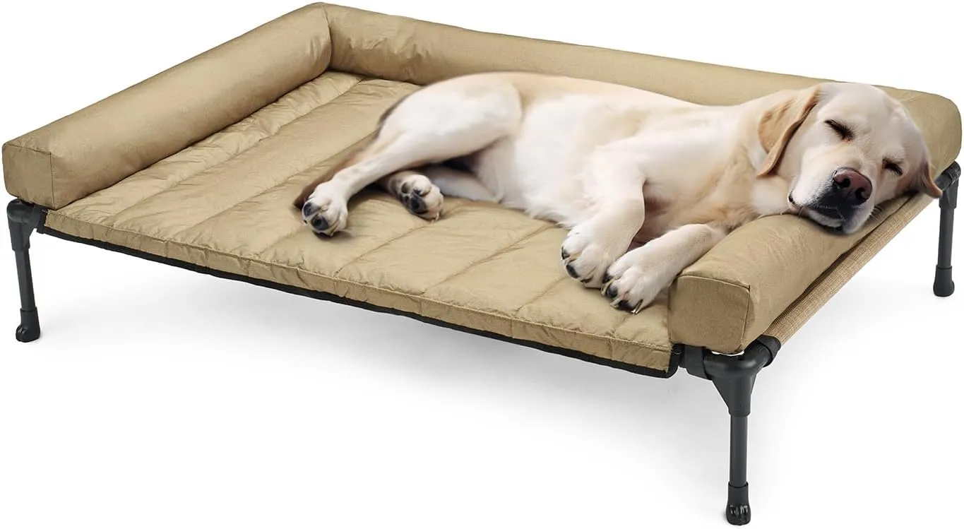 Veehoo Cooling Elevated Dog Bed Add Removable Waterproof Bolster Cushion Mat, Raised Pet Cot with Breathable Teslin Mesh, No-Slip Feet, Dog Couch Bed for Indoor Outdoor, 42x30inches, Beige, CWC2331B