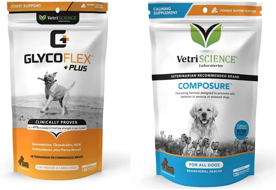 VetriScience GlycoFlex Plus Hip and Joint Supplement Chews for Dogs and Composure Calming Chews for Dogs