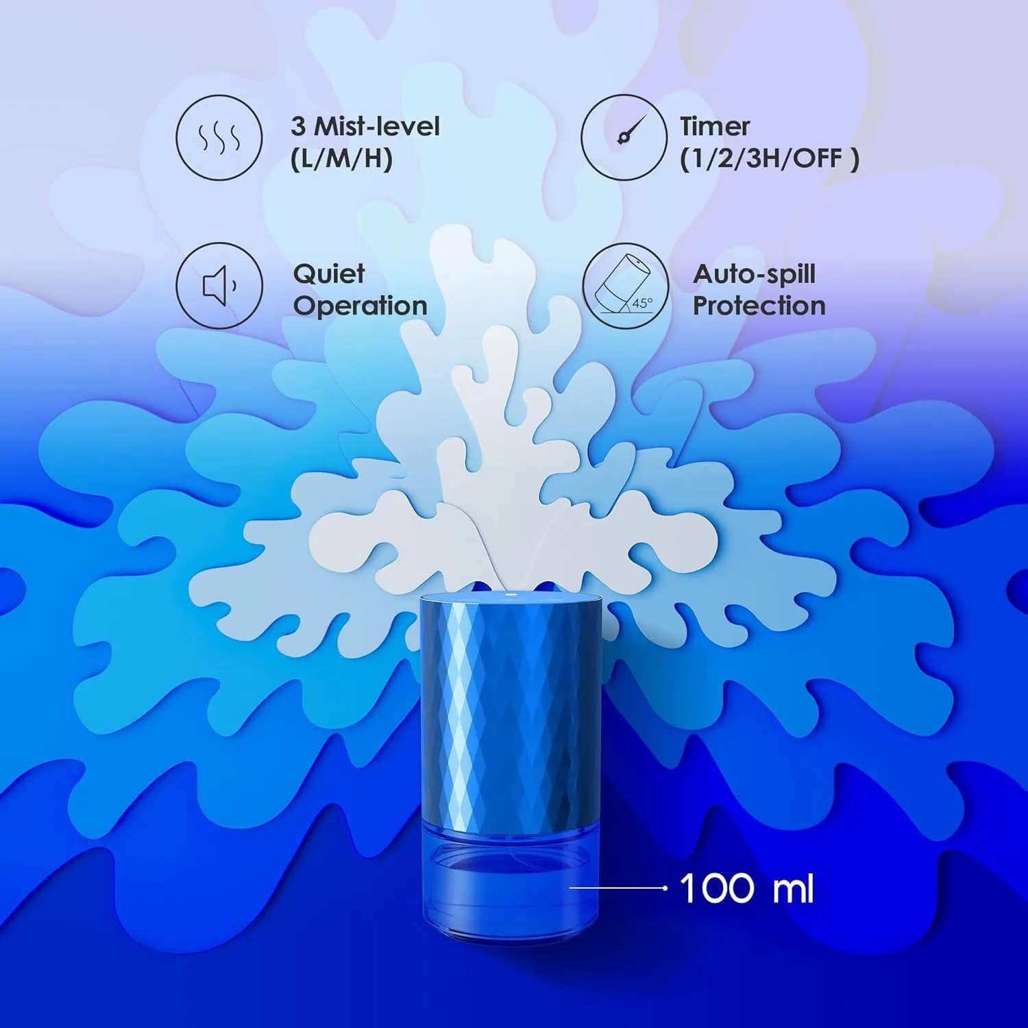 Waterless Diffuser Essential Oil 100mL Capacity Scent Air Machine for Home Aromatherapy Nebulizer Premium Metal Battery Operated 3 Mist Settings Timers Color Light AN3 Blue