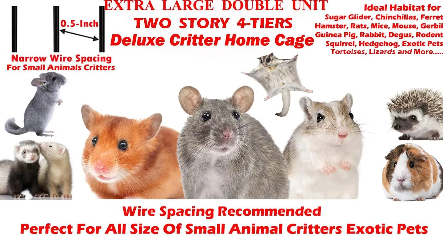 X-Large 31"x18.5"x53.5"H 4-Tiers Deluxe Two Full Story Double Unit Double Large Front Doors Tight 1/2-Inch Wire Spacing for Feisty Ferret Hammock Chinchilla Cat Sugar Glider Critter Cage On Wheels