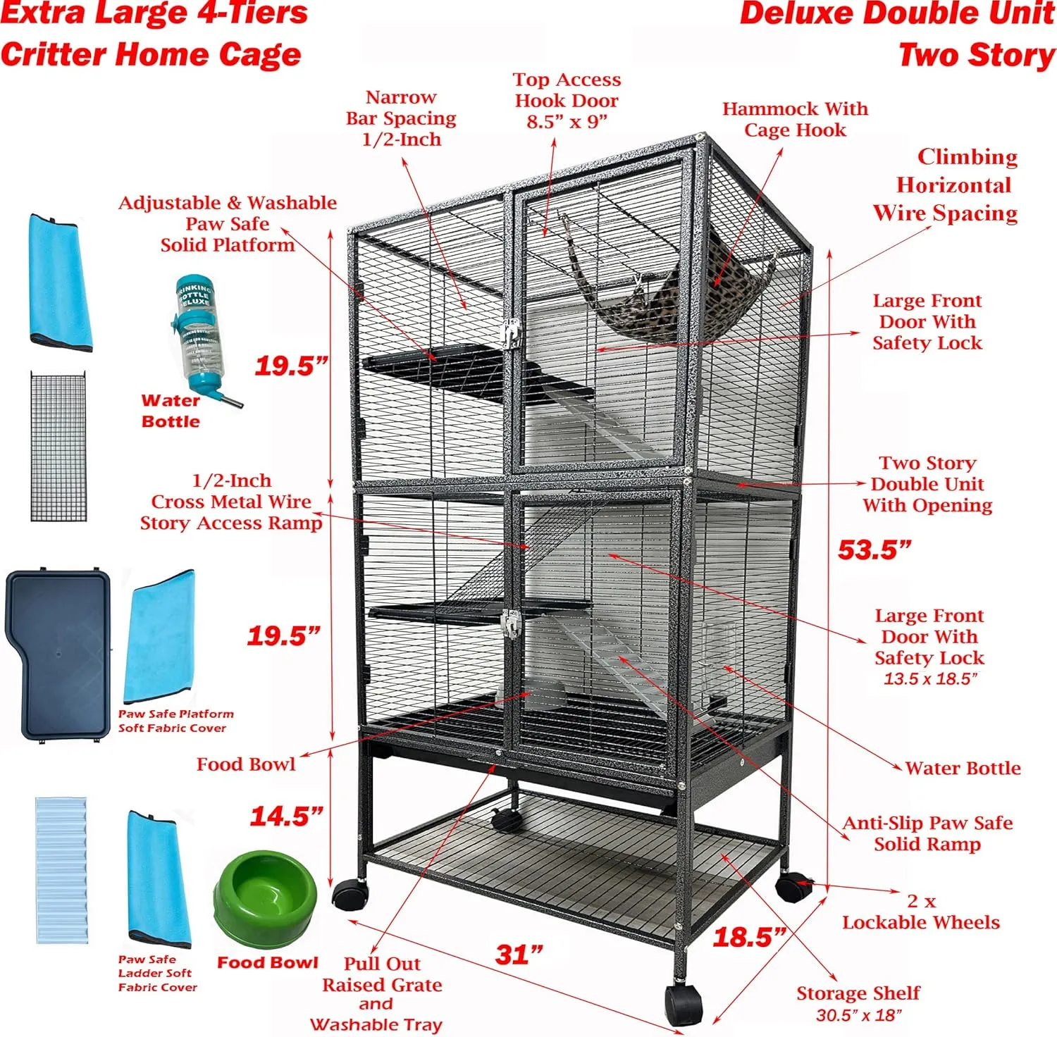 X-Large 31"x18.5"x53.5"H 4-Tiers Deluxe Two Full Story Double Unit Double Large Front Doors Tight 1/2-Inch Wire Spacing for Feisty Ferret Hammock Chinchilla Cat Sugar Glider Critter Cage On Wheels