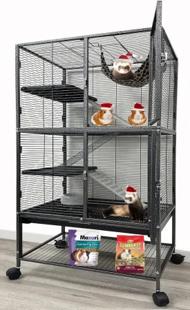 X-Large 31"x18.5"x53.5"H 4-Tiers Deluxe Two Full Story Double Unit Double Large Front Doors Tight 1/2-Inch Wire Spacing for Feisty Ferret Hammock Chinchilla Cat Sugar Glider Critter Cage On Wheels