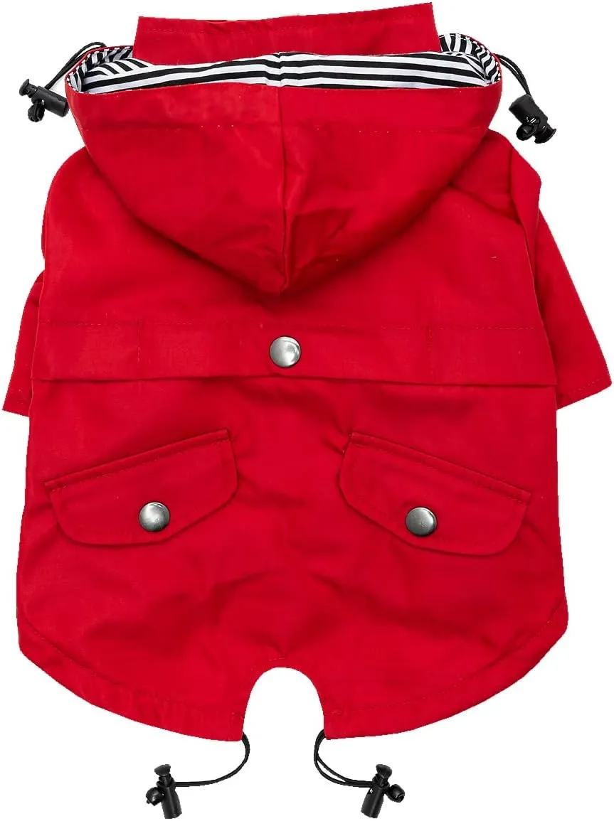 Zip Up Dog Raincoats with Reflective Buttons, Pockets, Rain/Water Resistant, Adjustable Drawstring, & Removable Hood - XXS to XXL - Stylish Premium Dog Raincoats (Red, Large)
